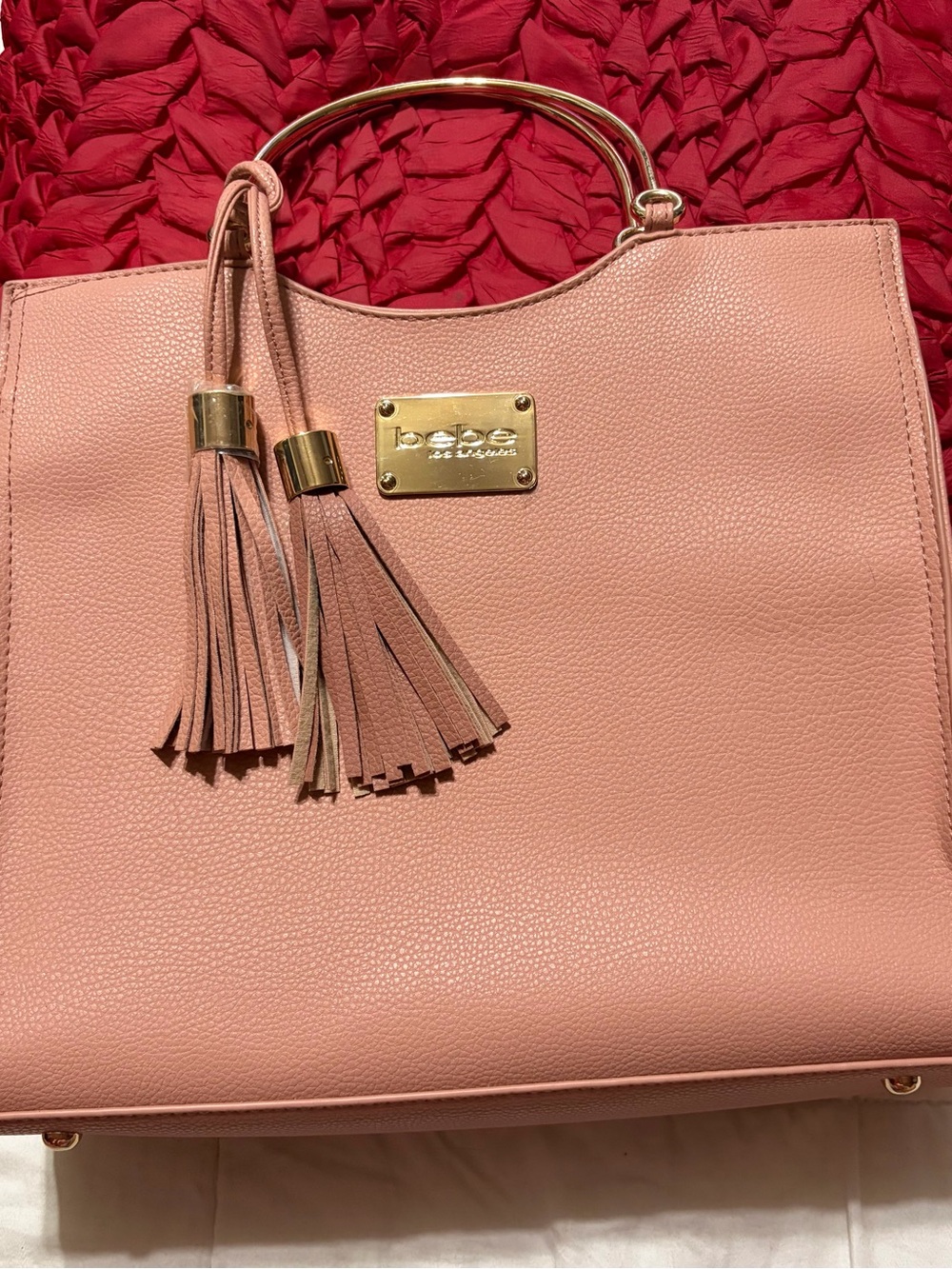 bebe Pink Tassel Structured Tote with Gold Plate